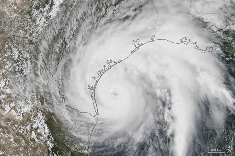 Hurricane Harvey approaches the coast of Texss, August 25, 2017, via NASA.