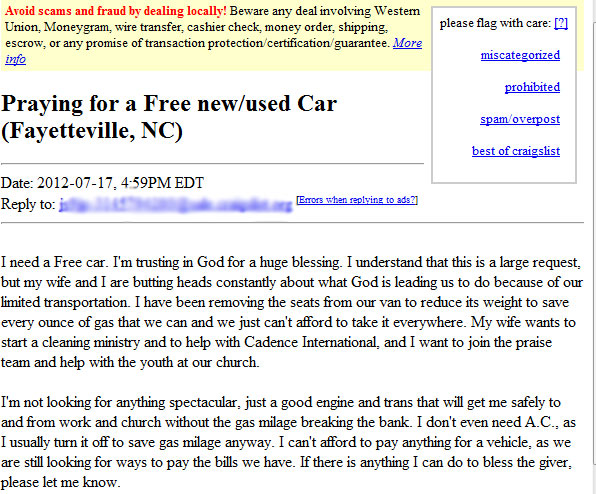 Craigslist Ad Praying For A Free New Used Car Justin Griffith Yeah