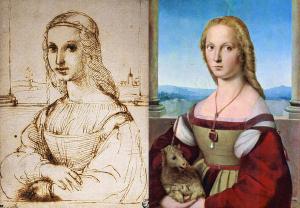 sketch and finished painting of a Girl with a Unicorn by Raphael