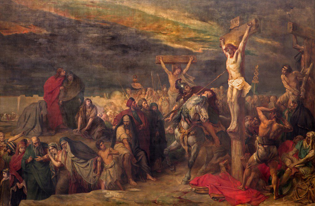 BRUSSELS, BELGIUM - JUNE 15, 2014: The Crucifixion paint by Jean Francois Portaels (1886) in St. Jacques Church at The Coudenberg.
