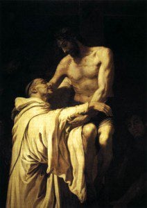 "Christ Embracing Saint Bernard" by Francisco Ribalta (1565-1628). Public domain.