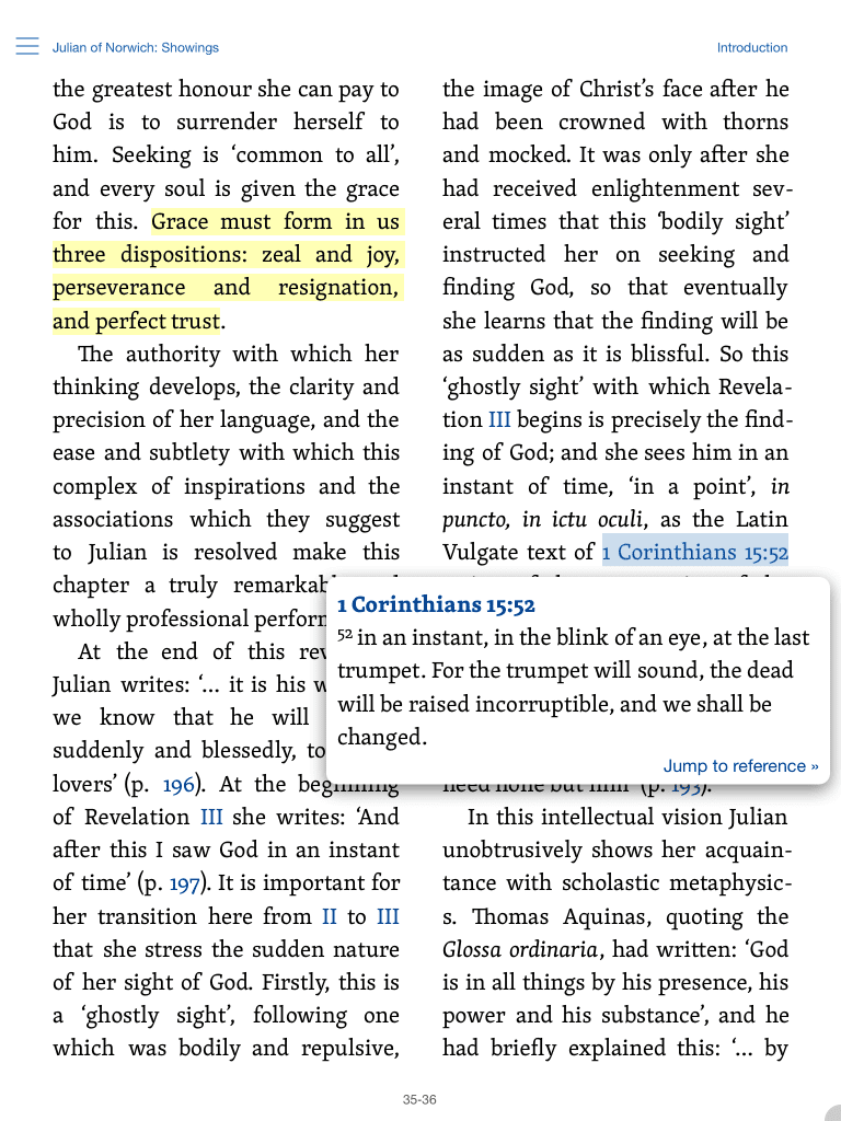 A screenshot from my iPad. While Verbum for portable devices is not as powerful as the desktop/laptop version, it's still pretty nifty — for example, the ability to access scripture references on the fly.