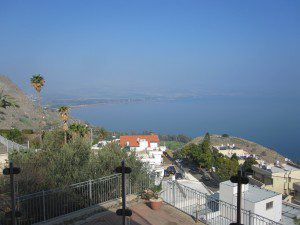 Looking east over Galilee from the LDS branch meetinghouse in Tiberias. The traditional Mount and Church of the Beatitudes are a few short miles off to the left.