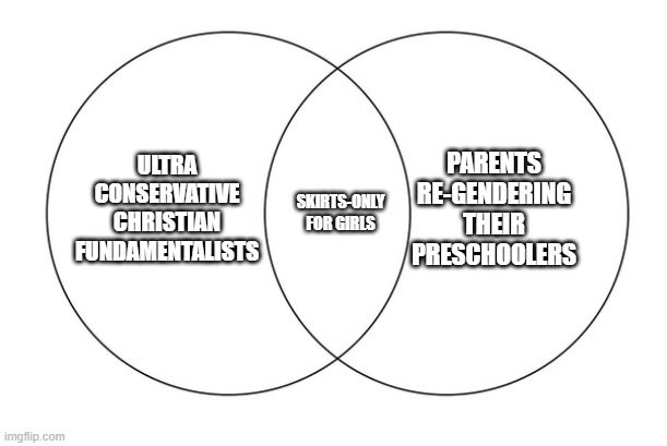 Venn Diagram showing the groups "Ultra Conservative Christian Fundamentalists" and "Parents Re-Gendering Their Preschoolers" intersecting at "Skirts-Only for Girls"