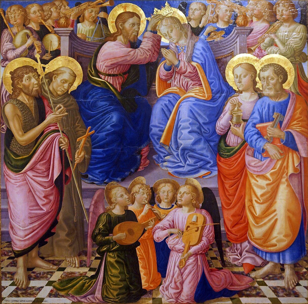 Mary being crowned in Heaven, surrounded by angels and saints
