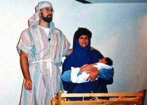 My daughter, Kara, plays the baby Jesus in the church pageant, with Linda and me in supporting roles. 