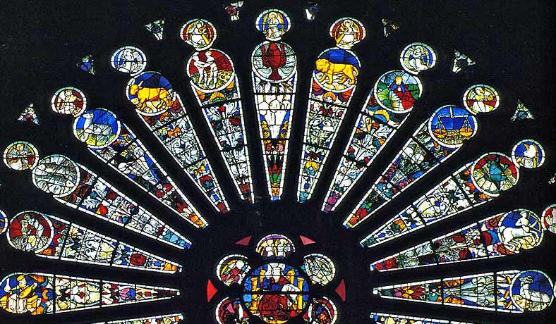 The Zodiac is represented in the transepts of the top half of the South Rose Window of Christ at the Saint Maurice Cathedral of Angers, France. Designed by Andre Robin, c. 1451.