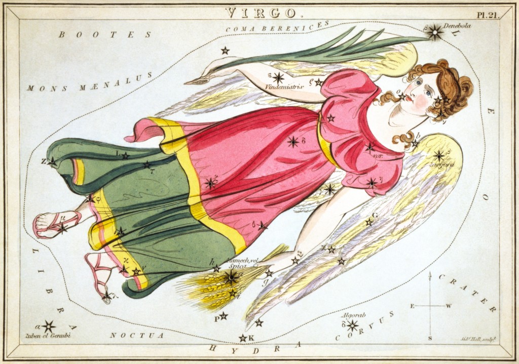Virgo as depicted in Urania's Mirror, a set of constellation cards published in London c.1825. wikimedia.