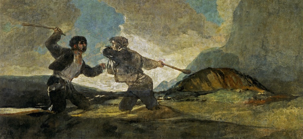 Cultural Warriors: Goya's "Fight With Cudgels" (and sinking in quicksand) is an example used by Girardian Michel Serres in one of his books. The painting demonstrates the symmetry and stupidity of such rivalries.
