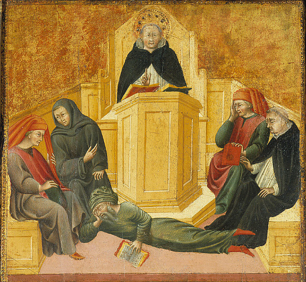Aquinas embedded in his totally chill Muslim context. (Giovanni di Paolo, Aquinas Confounding Averroes; Wikimedia Commons PD-old-100)