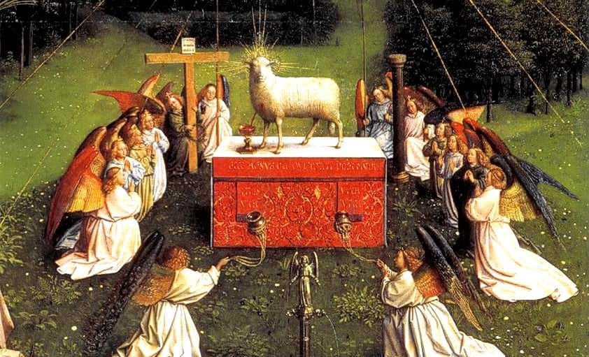 The Ghent Altarpiece has everybody looking on and nobody ingesting.  (Jan van Eyck, The Mystic Lamb, 1432; Source: Wikimedia Commons, PD-Old-100)