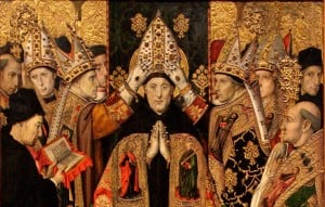 All this wonderful stuff isn't incidental to the faith. (Jaume Huguet, The Consecration of St. Augustine, 1475; Source: Wikimedia Commons, PD-Old-100)
