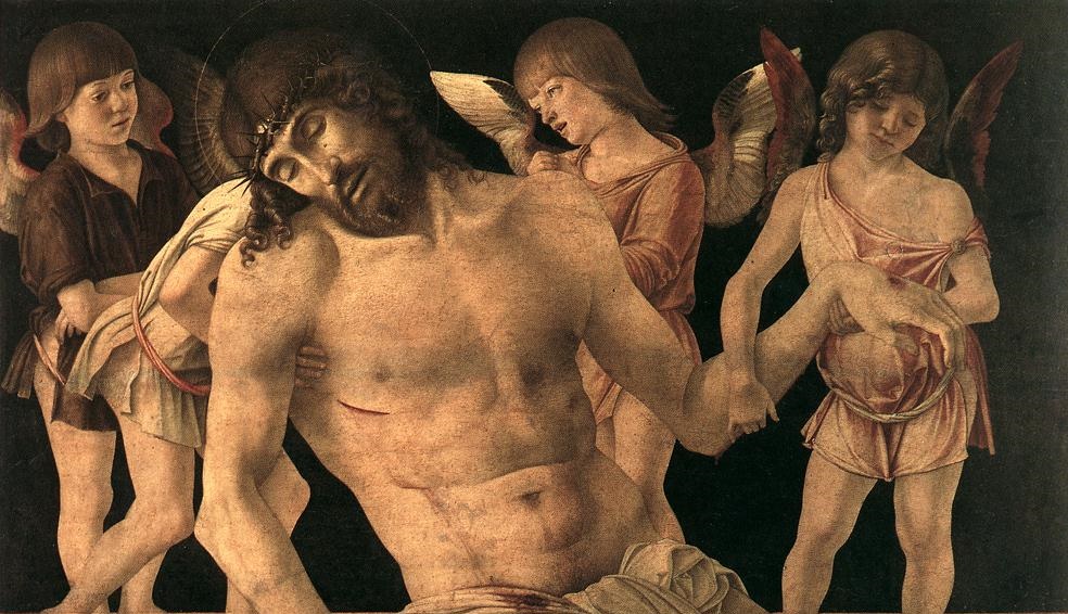 The liveliness and youth of the angels puts the Death of God in all the starker perspective. (Source: Giovanni Bellini, Pietà, 1474; Wikimedia Commons, PD-Old-100). 