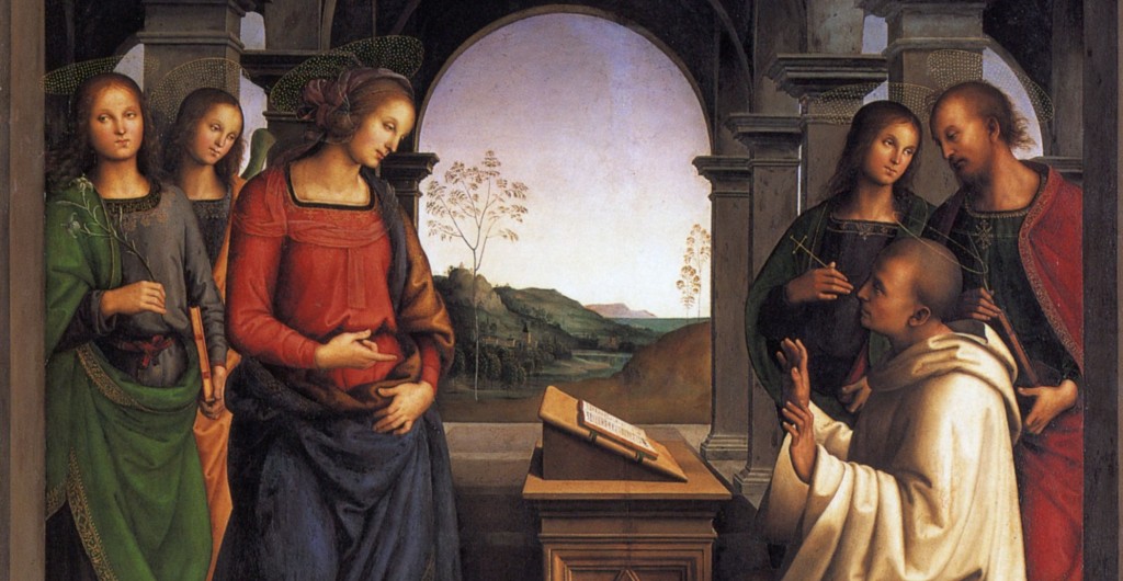 St. Bernard's vision is of the Virgin Mary, as Fabrice Hadjadj might predict (Source: Pietro Perugino, Vision of St. Bernard, 1489; Wikimedia Commons, PD-Old-100). 