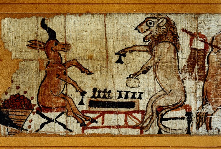 Let's play some games ("Papyrus with satirical vignettes: topsy-turvy world, they act against their natural instincts, British Museum, Anonymous, 1250BC-1150BC; Source: Wikimedia Commons, PD-Old-100). 