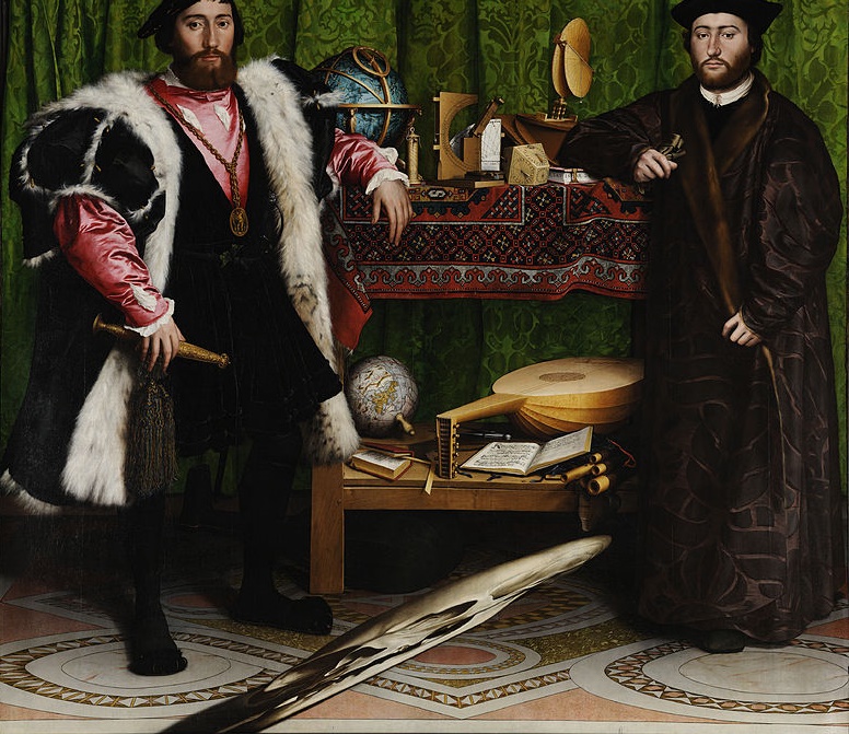 Everybody knows death looms at the feet of these hard-working ambassadors in the form of a skull (Hans Holbein the Younger, The Ambassadors, 1533; Source: Wikimedia Commons, PD-Old-100). 