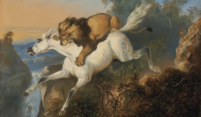 This looks sane compared to some theological arguments (Raden Saleh, Lion Attacking a Horse, 1840; Source: Wikimedia Commons, PD-Old-100). 