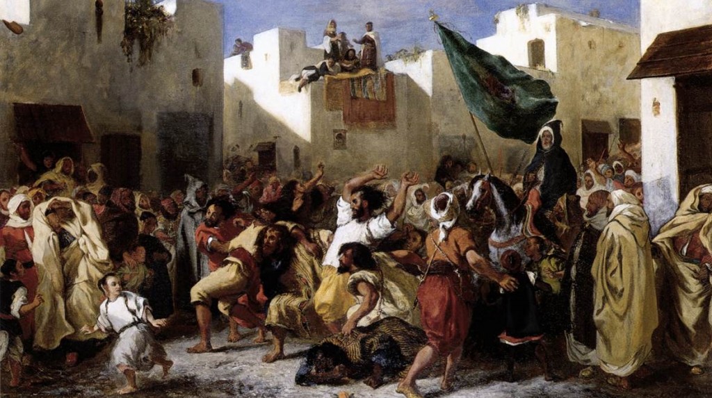 The West has long tried to separate itself unsuccessfully from the Oriental (Eugene Delacroix, The Fanatics of Tangiers, 1838; Source: Wikimedia Commons, PD-Old-100). 