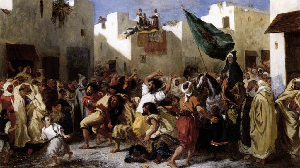 The West has long tried to separate itself unsuccessfully from the Oriental (Eugene Delacroix, The Fanatics of Tangiers, 1838; Source: Wikimedia Commons, PD-Old-100).