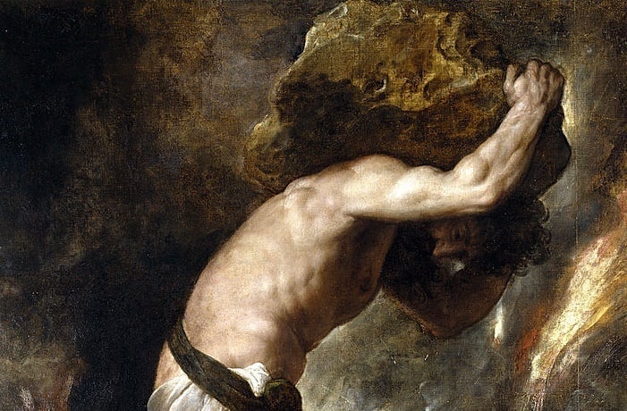 The Myth of Sisyphus would've been too obvious a choice for this list (Titian, Punishment of Sisyphus, 1549; Source: Wikimedia Commons, PD-Old-100).