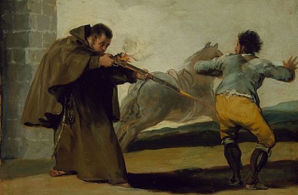 (Goya, Friar Pedro shoots El Maragato as his horse runs off, 1806; Wikimedia, PD-Old-100). 