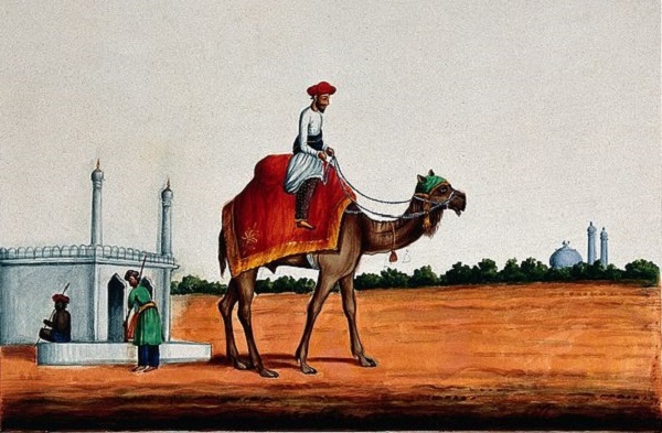 (An Indian man riding a camel. Gouache painting by an Indian, no date given; Source: Wikimedia, CC by 4.0)