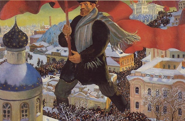 Despite common misunderstandings there are connections between the Russian Revolution and the Church (Boris Kustodiev, The Bolshevik Revolution, 1920; Wikimedia, PD-Before-1923). 