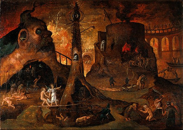 An_angel_leading_a_soul_into_hell._Oil_painting_by_a_followe_Wellcome_V0017388