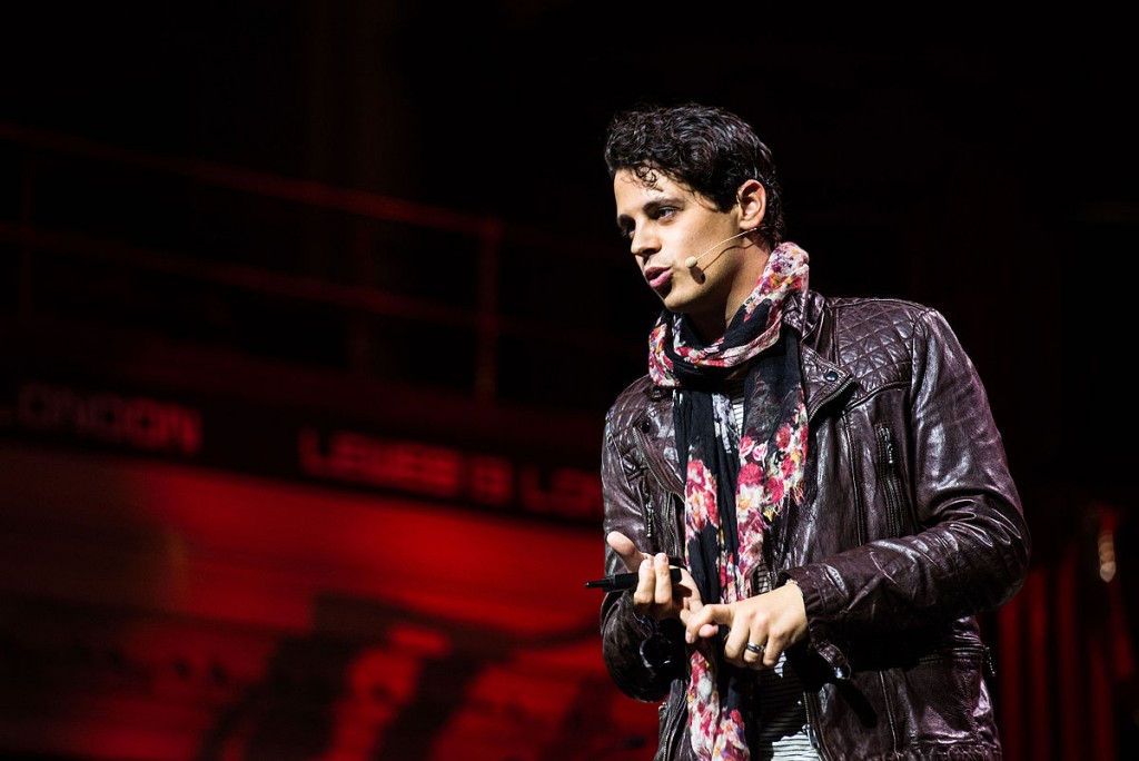 (Milo Yiannopoulos speaking, Photo by Kmeron for LeWeb13 Conference at Central Hall Westminster - London; Source: Wikimedia Commons, CC BY 2.0)