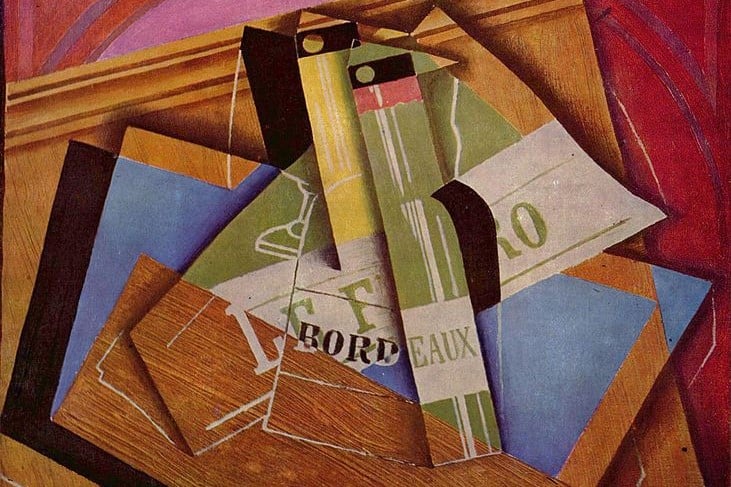 (Juan Gris, Still Life with a Bordeaux Bottle, 1919; Wikimedia, PD-Old-70)