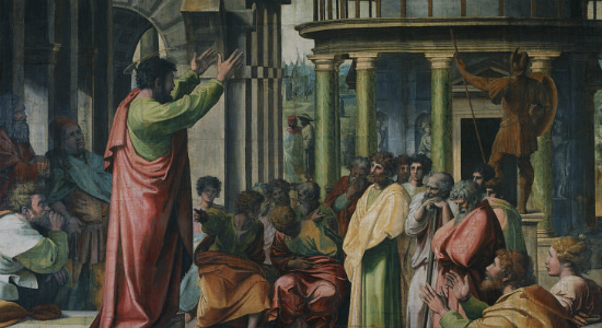 Saint Paul delivering the Areopagus Sermon in Athens, by Raphael, 1515. Wikimedia Commons.