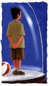 Boy inside a glass dome gazing out