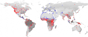 Blue dots: moralising gods. Red dots: amoral gods