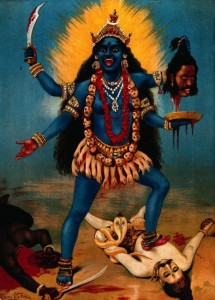 Kali trampling Shiva. Chromolithograph by R. Varma.