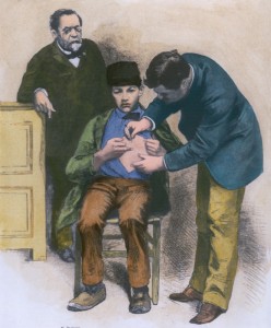 vintage drawing of a 19th century doctor vaccinating a young man