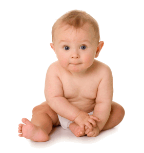 Image: an infant against a white background.