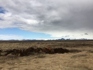 Image: a grassy plain with a glacier far off on the horizon.