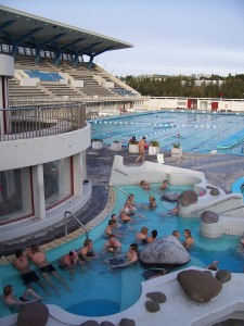 Image: a swimming pool and hot tub.