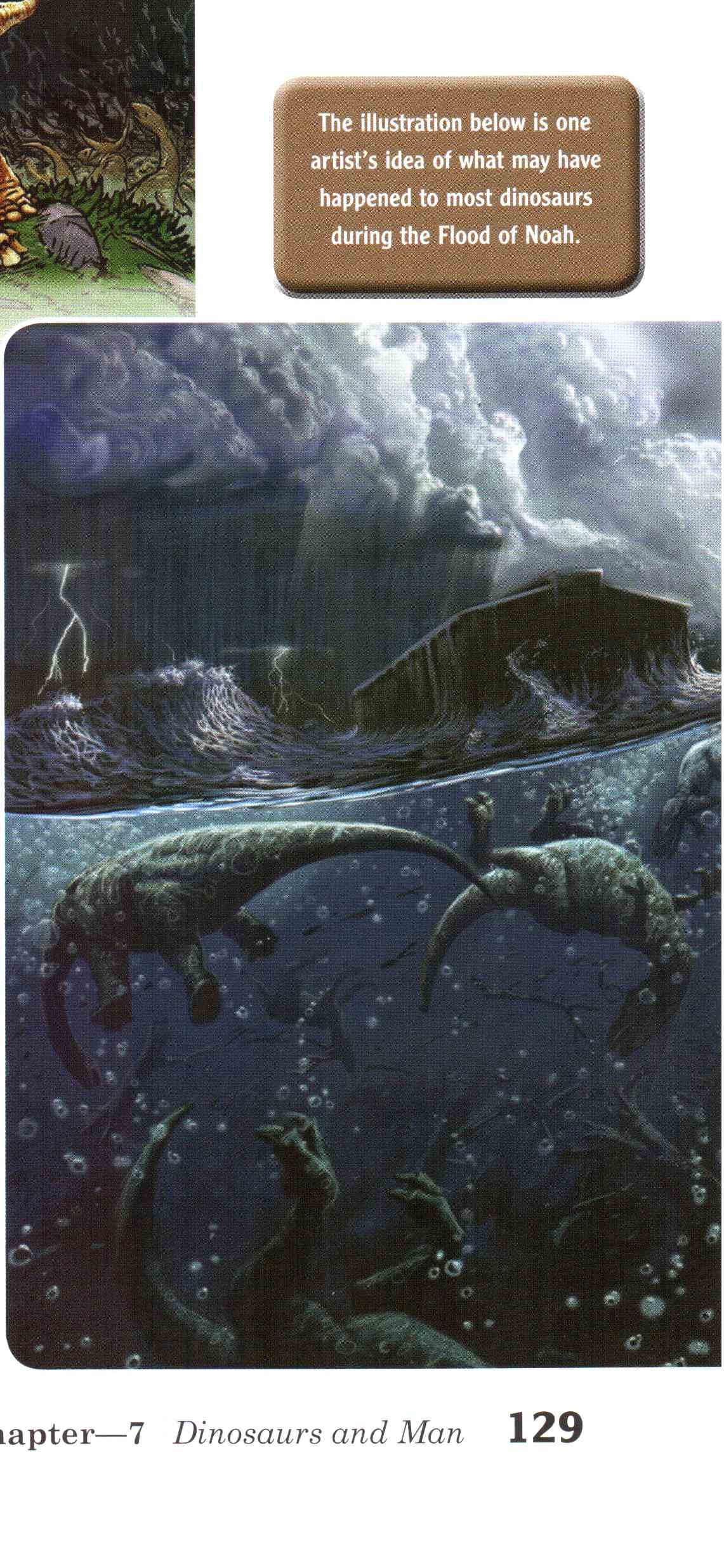 Dinosaurs drown beneath Noah's Ark.