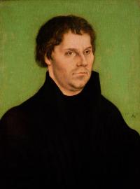 BAG13642 Portrait of Martin Luther, 1525 (oil on panel) by Cranach, Lucas, the Elder (1472-1553); 40x26.6 cm; © Bristol City Museum and Art Gallery, UK; (add.info.: Luther (1483-1546) German religious reformer;); German,  out of copyright