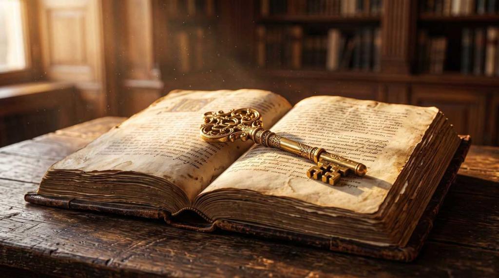 A bible and key sit on a talble