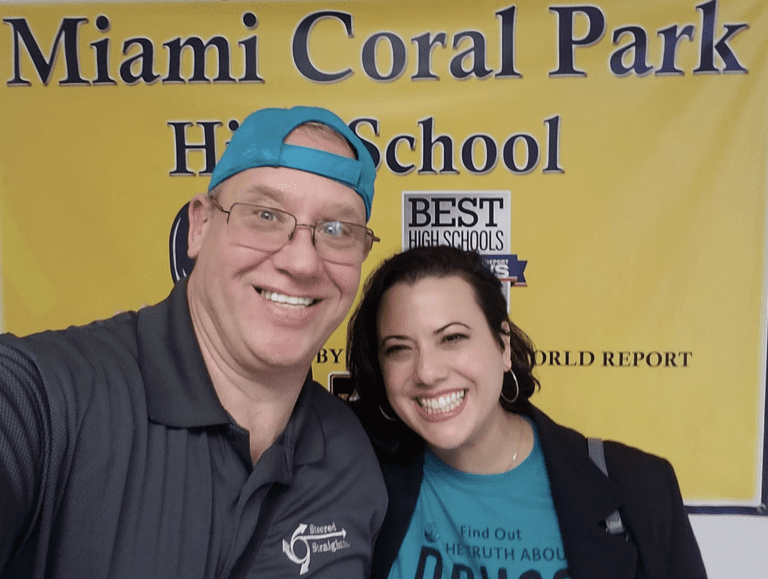 Michael DeLeon, Founder and CEO of Steered Straight, is in Miami for the Super Bowl in partnership with Foundation for a Drug-Free World, shown here in a selfie with Drug-Free World Florida President Julieta Santagostino.