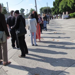 Potential jurors wait in line outside the Hayward Hall of Justice. Photo b Barbara Newhall
