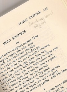 A page from a collection of English poetry that shows John Donne's Holy Sonnets, with college notes by Barbara Falconer Newhall. Photo by Barbara Newhall