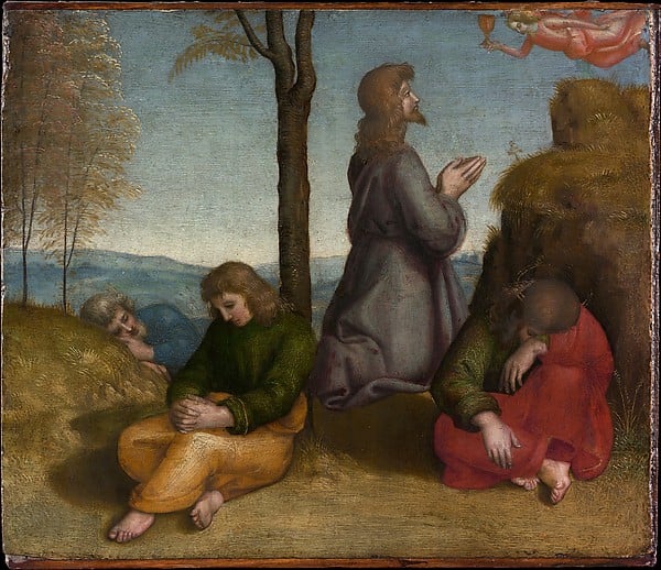 Religious art. Raphael's "The Agony in the Garden." Raphael's work, known for its sweetness, has fallen out of favor in modern times. The Metropolitan Museum of Art. Reproduced by permission. 