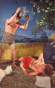 Cain murders Abel before fleeing to take a soulless Neanderthal bride. (Wax museum scene via Bad Postcards Tumblr -- click pic for link.)