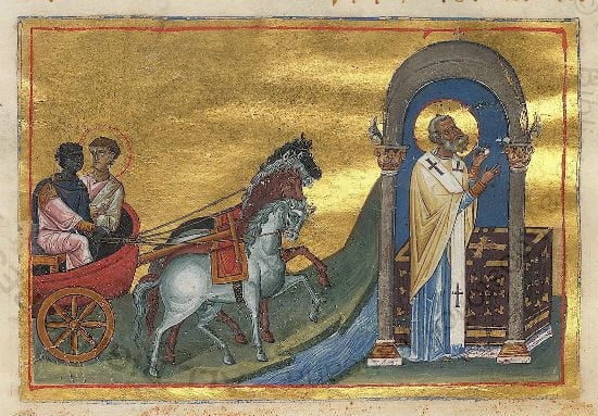 Philip and the Ethiopian eunuch, from the Menologian of Basil II, via Wikimedia.