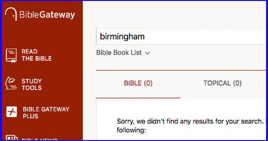 Screenshot of the BibleGateway search page showing zero results for the word "Birmingham" in the Bible.