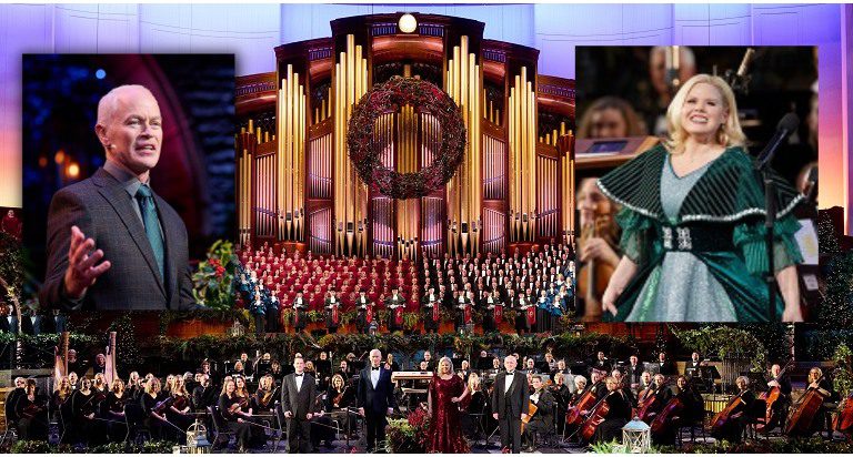 Host pictures float over the stage set of the Tabernacle Choir
