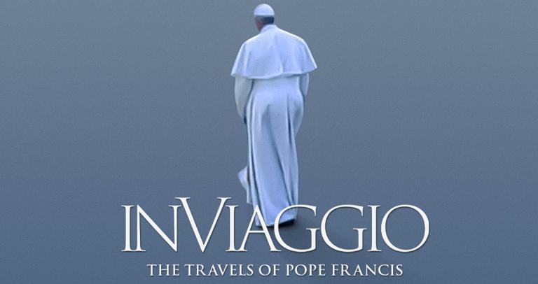 Words 'In Viaggio' over a picture of Pope Francis